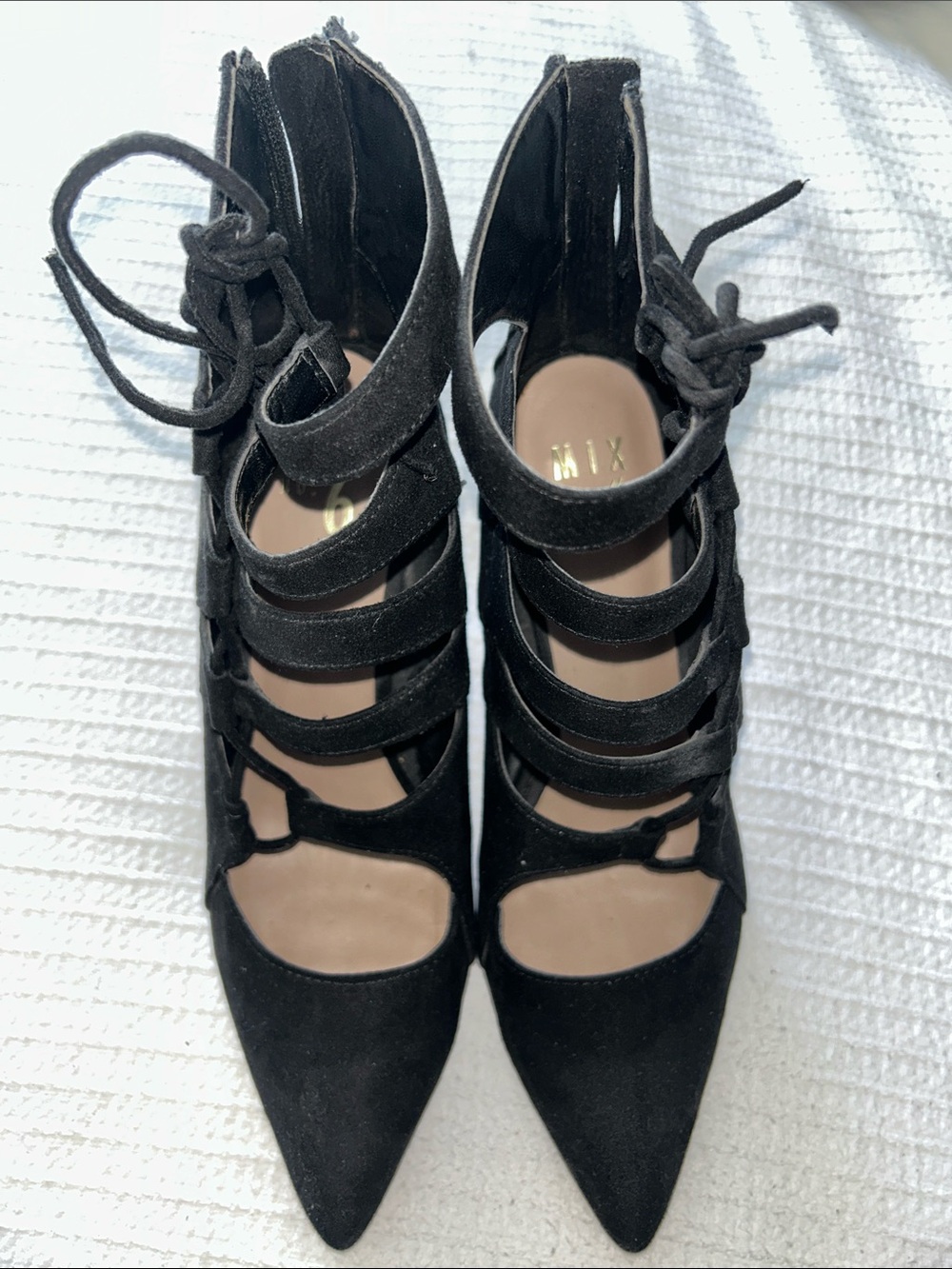Mix No. 6 Black Suede Strappy Pointed-Toe Lace-Up Heels